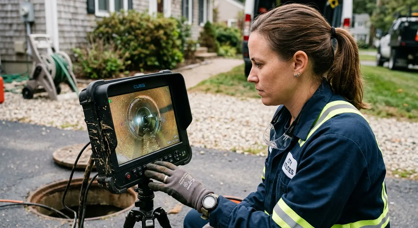 Technician reviewing sewer camera inspection footage in Easton