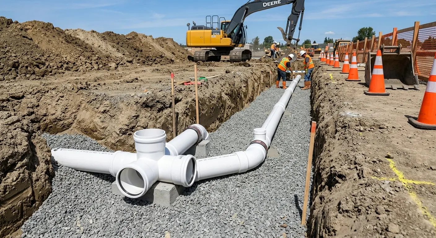 New PVC sewer pipe installation in open trench for Sewer Backup in Easton