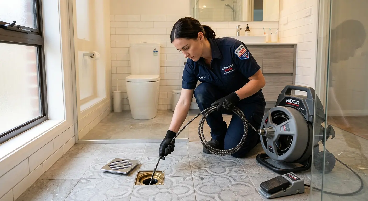 Technician clearing a bathroom floor drain for Drain Cleaning in Easton